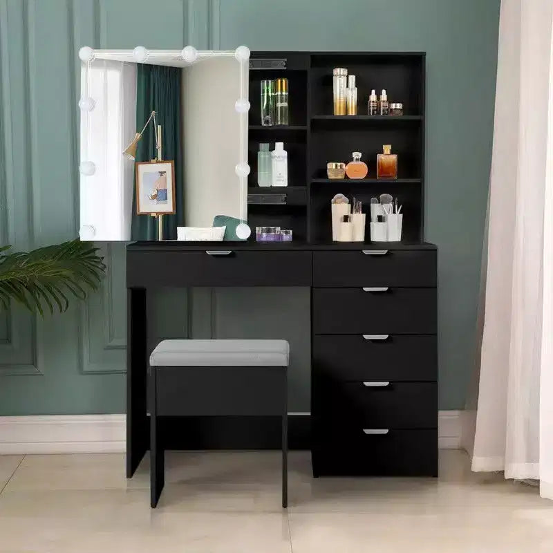 Meuble coiffeuse avec miroir en panneau de particules noir recouvert de mélamine texturée, 7 tiroirs et 2 étagères