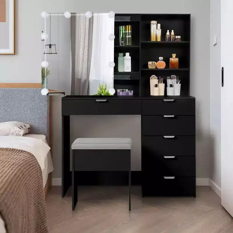 Meuble coiffeuse avec miroir en panneau de particules noir recouvert de mélamine texturée, 7 tiroirs et 2 étagères