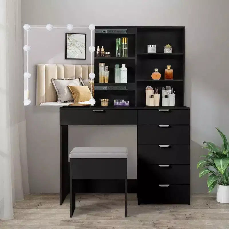 Meuble coiffeuse avec miroir en panneau de particules noir recouvert de mélamine texturée, 7 tiroirs et 2 étagères