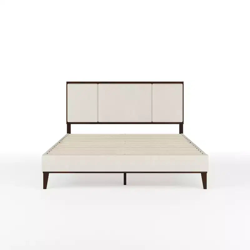 Cama de plataforma de madera maciza con base tapizada y cabecero con paneles empotrados, base de listones de madera, no necesita somier