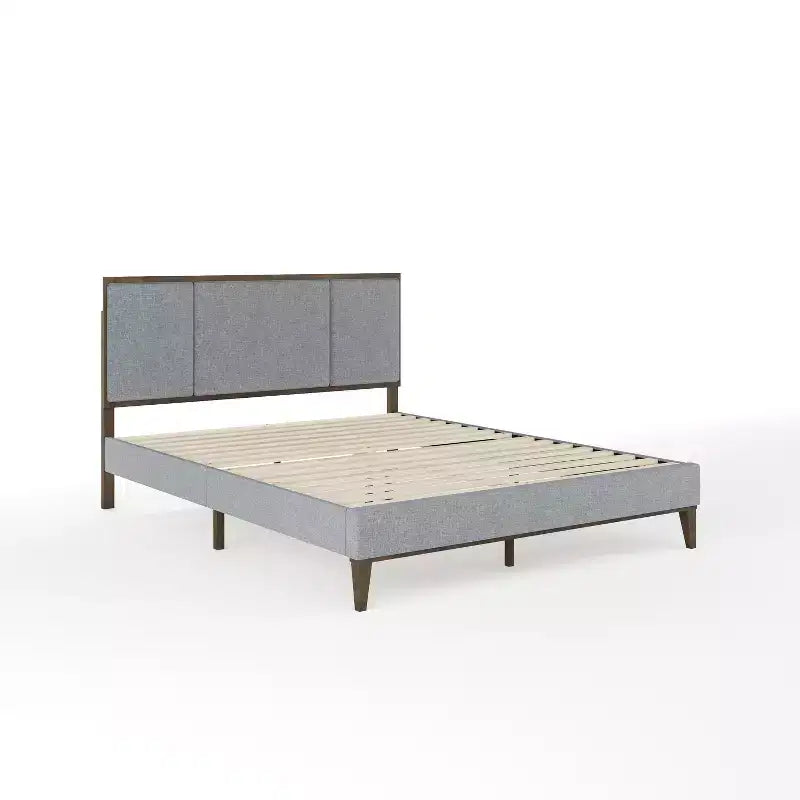Cama de plataforma de madera maciza con base tapizada y cabecero con paneles empotrados, base de listones de madera, no necesita somier