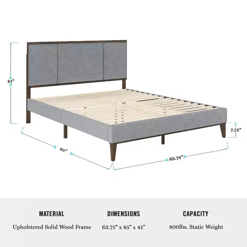 Cama de plataforma de madera maciza con base tapizada y cabecero con paneles empotrados, base de listones de madera, no necesita somier