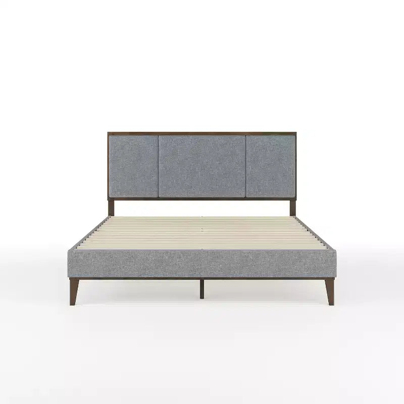 Cama de plataforma de madera maciza con base tapizada y cabecero con paneles empotrados, base de listones de madera, no necesita somier