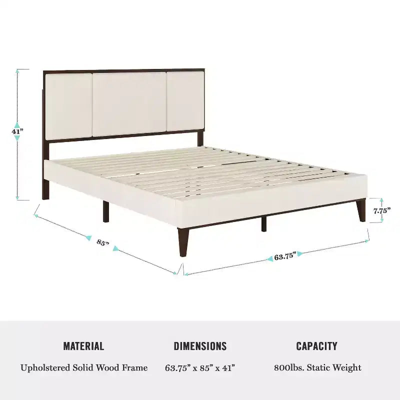 Cama de plataforma de madera maciza con base tapizada y cabecero con paneles empotrados, base de listones de madera, no necesita somier