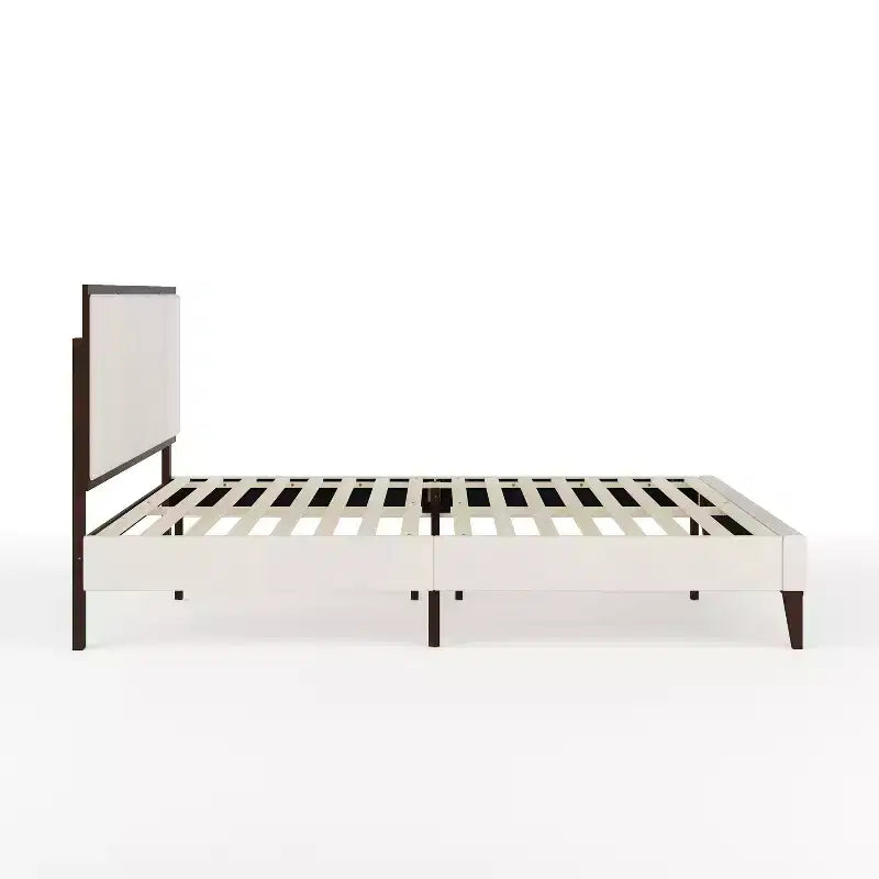 Cama de plataforma de madera maciza con base tapizada y cabecero con paneles empotrados, base de listones de madera, no necesita somier