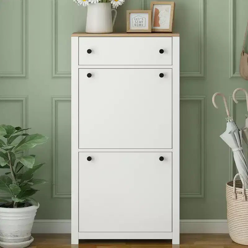 Okak Shoe Cabinet, Shoe Organizer with 2 Panel Flip Drawers and 1 Simple Drawers, Freestanding Shoe Rack for Entryway, Living Room, Hallway