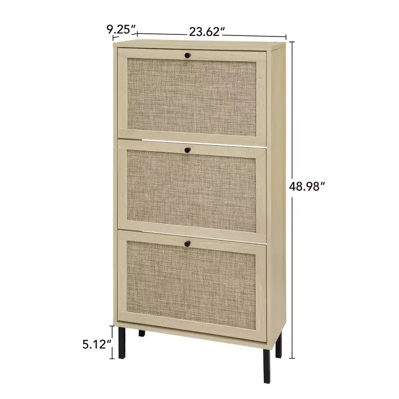 Rattanschuhschrank, freistehender Schuhorganizer mit 3 Klappschubladen, Schuhschrank für Eingangsbereich, Wohnzimmer und Flur