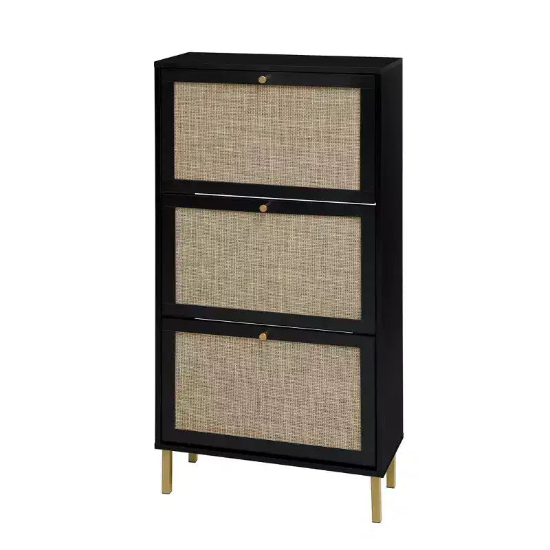Meuble à chaussures en rotin, range-chaussures autoportant avec 3 tiroirs basculants, meuble à chaussures pour entrée, salon et couloir