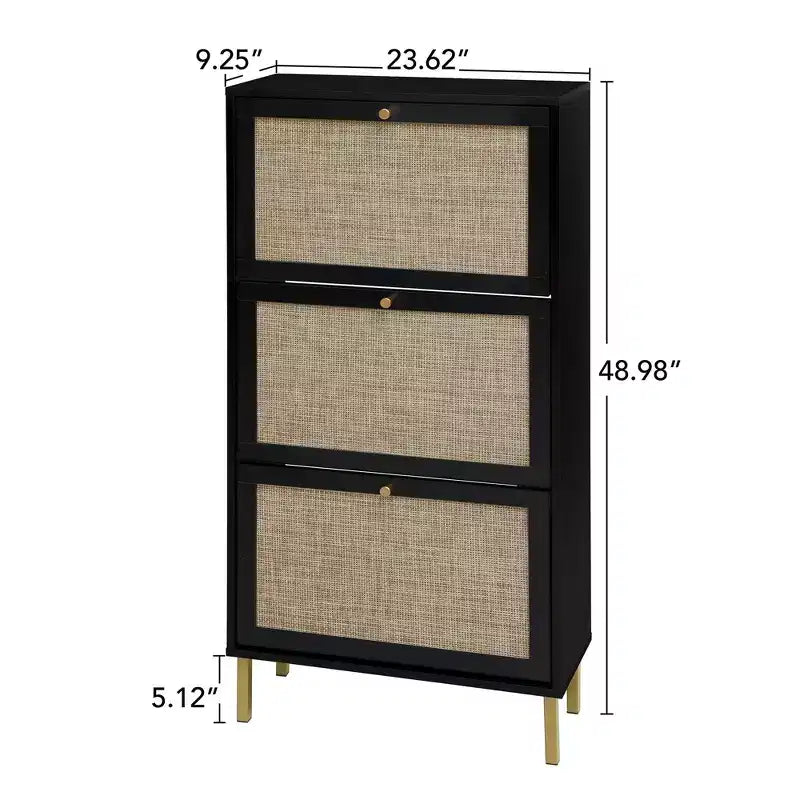 Rattanschuhschrank, freistehender Schuhorganizer mit 3 Klappschubladen, Schuhschrank für Eingangsbereich, Wohnzimmer und Flur