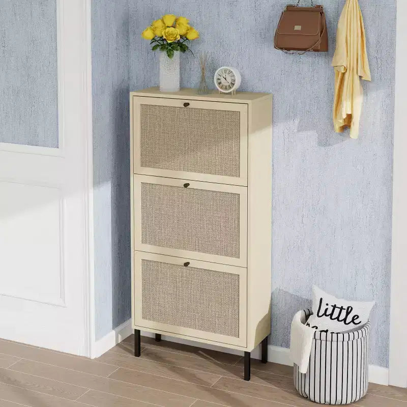 Rattanschuhschrank, freistehender Schuhorganizer mit 3 Klappschubladen, Schuhschrank für Eingangsbereich, Wohnzimmer und Flur