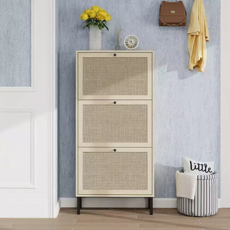 Rattanschuhschrank, freistehender Schuhorganizer mit 3 Klappschubladen, Schuhschrank für Eingangsbereich, Wohnzimmer und Flur
