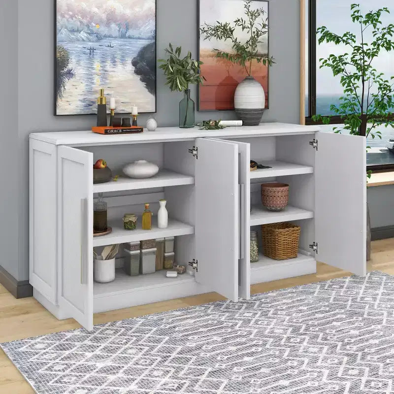 Aparador buffet, armario decorativo con estantes ajustables y tiradores plateados, armario de almacenamiento para sala de estar, recibidor y pasillo