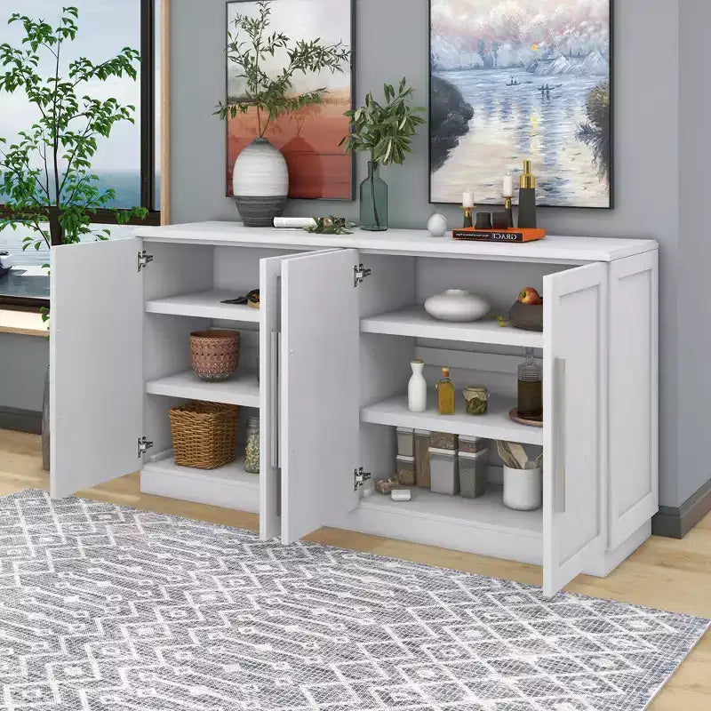 Aparador buffet, armario decorativo con estantes ajustables y tiradores plateados, armario de almacenamiento para sala de estar, recibidor y pasillo