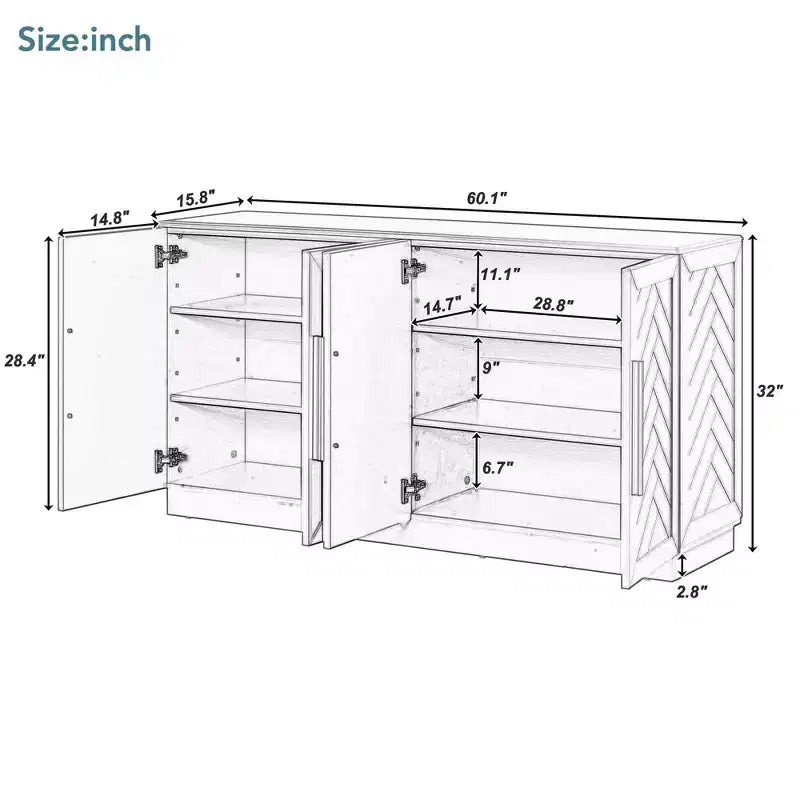 Aparador buffet, armario decorativo con estantes ajustables y tiradores plateados, armario de almacenamiento para sala de estar, recibidor y pasillo