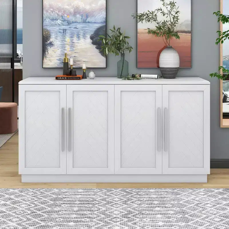 Aparador buffet, armario decorativo con estantes ajustables y tiradores plateados, armario de almacenamiento para sala de estar, recibidor y pasillo