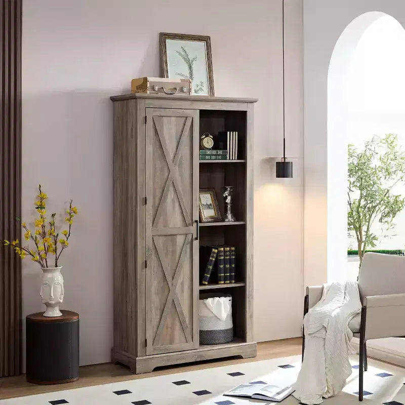 Armario alto de almacenamiento con 1 puerta y 4 estantes, armario de cocina para sala de estar, pasillo y oficina