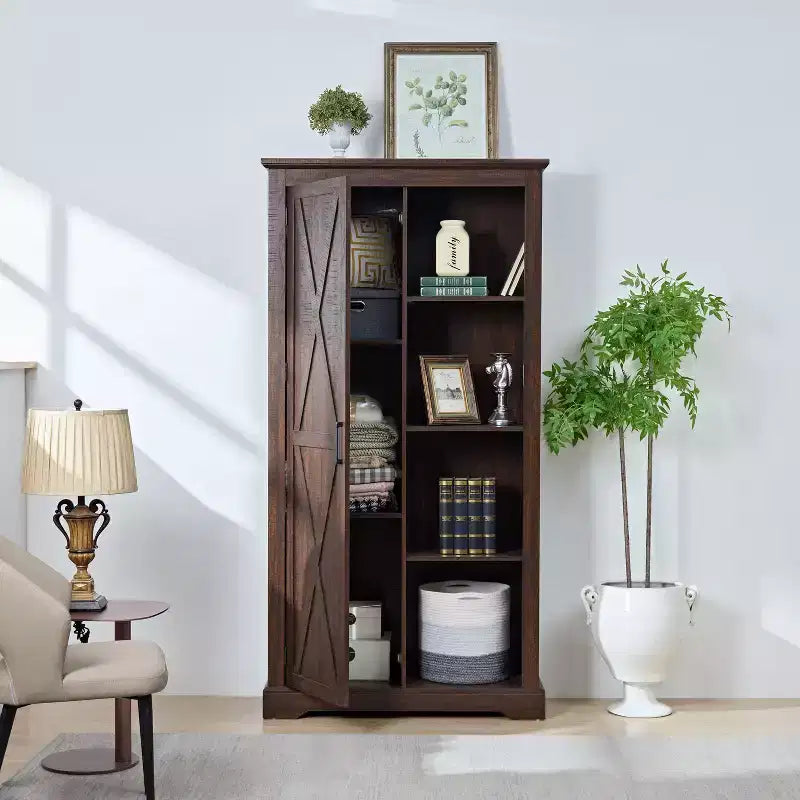 Armario alto de almacenamiento con 1 puerta y 4 estantes, armario de cocina para sala de estar, pasillo y oficina