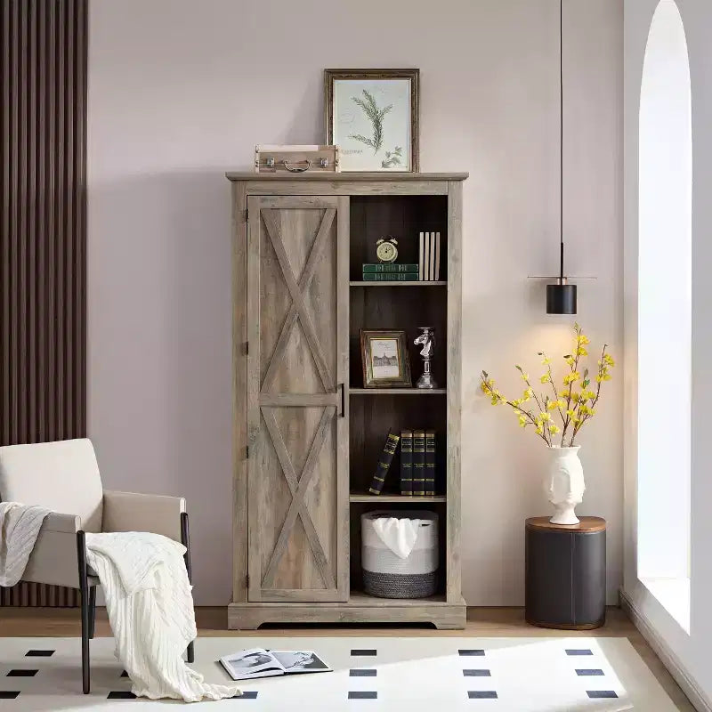 Armario alto de almacenamiento con 1 puerta y 4 estantes, armario de cocina para sala de estar, pasillo y oficina
