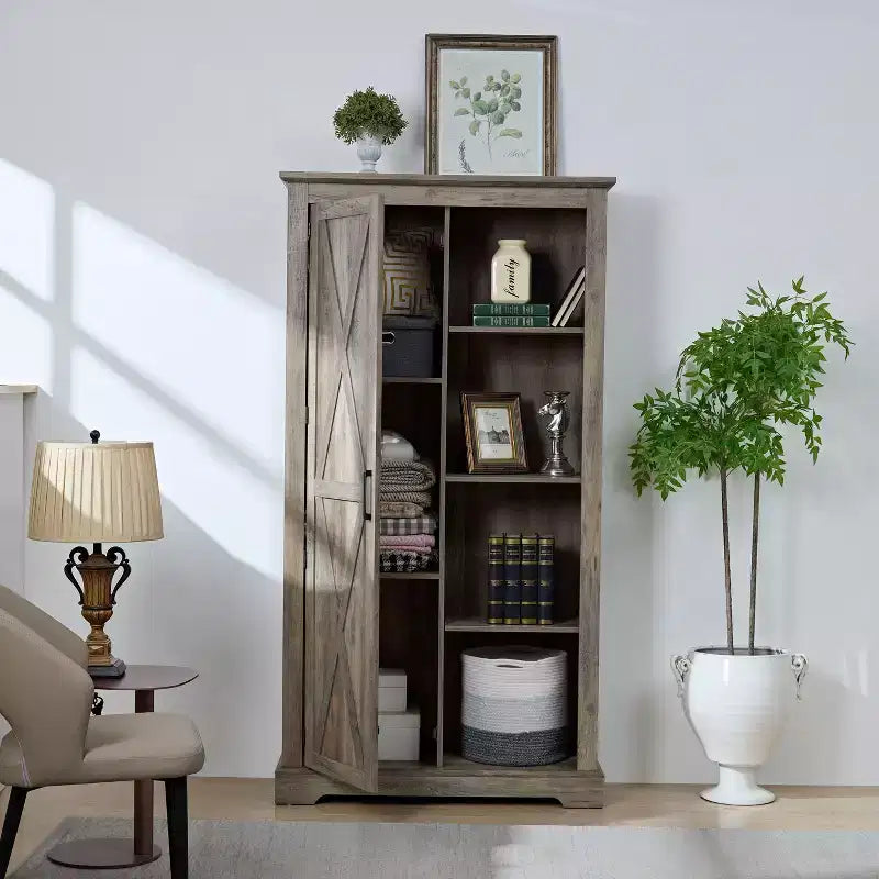 Armario alto de almacenamiento con 1 puerta y 4 estantes, armario de cocina para sala de estar, pasillo y oficina
