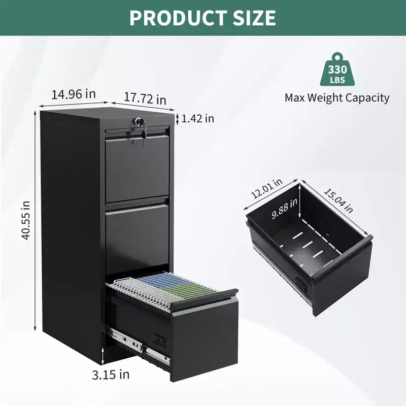 Archivador metálico vertical de 3 cajones con cerradura, gran capacidad para guardar archivos en la oficina en casa o el estudio