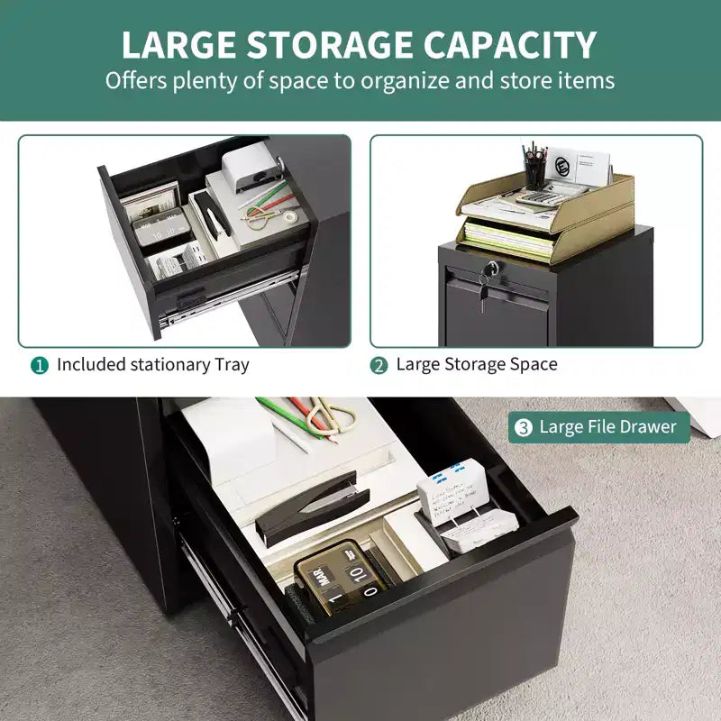 Archivador metálico vertical de 3 cajones con cerradura, gran capacidad para guardar archivos en la oficina en casa o el estudio