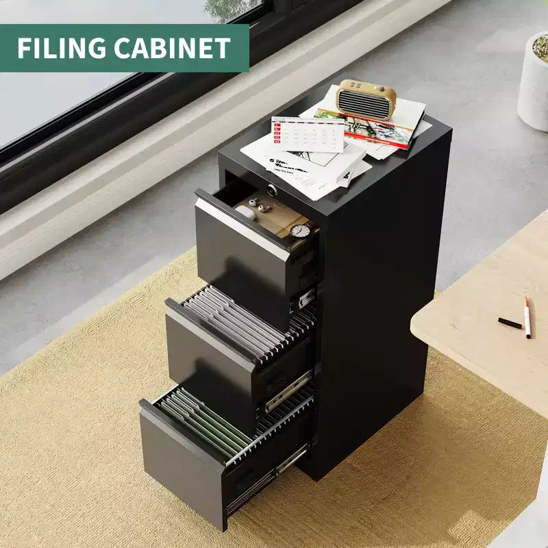 Archivador metálico vertical de 3 cajones con cerradura, gran capacidad para guardar archivos en la oficina en casa o el estudio