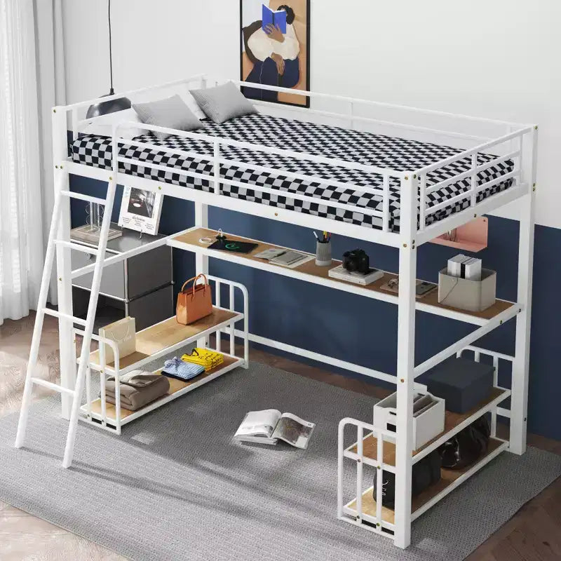 Twin Size Metal Loft Bed with Built-in Desk and 4 Storage Shelves, Metal Bed Frame with Ladder and Safety Guardrail, White