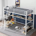 Twin Size Metal Loft Bed with Built-in Desk and 4 Storage Shelves, Metal Bed Frame with Ladder and Safety Guardrail, White