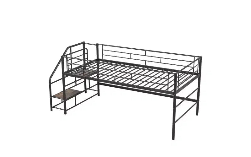 Niedriges Hochbett in Twin-Size mit Aufbewahrungstreppe, Metall-Hochbettgestell mit Schutzgittern, Schwarz