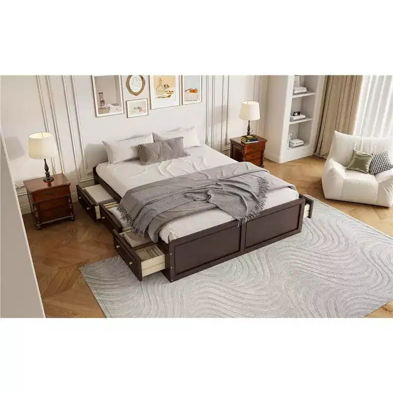 Plattformbettgestell in Queen-Size mit 6 Aufbewahrungsschubladen, Stauraumbett aus Massivholz für Kinder, Jugendliche und Erwachsene, Espressobraun