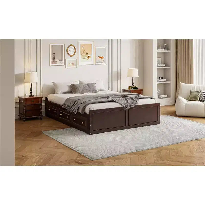 Plattformbettgestell in Queen-Size mit 6 Aufbewahrungsschubladen, Stauraumbett aus Massivholz für Kinder, Jugendliche und Erwachsene, Espressobraun