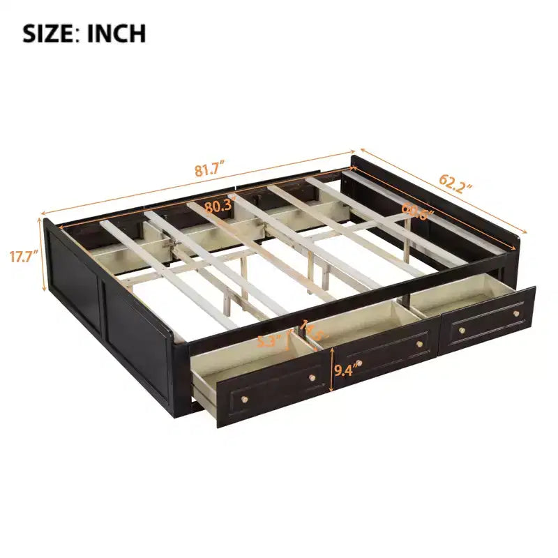 Cadre de lit plateforme grand format avec 6 tiroirs de rangement, lit de rangement en bois massif pour enfants, adolescents et adultes, couleur expresso
