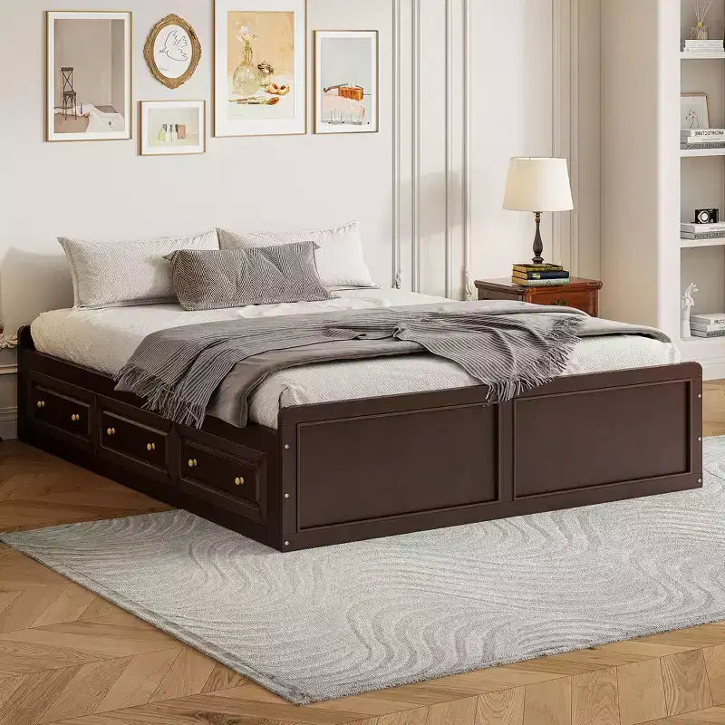 Plattformbettgestell in Queen-Size mit 6 Aufbewahrungsschubladen, Stauraumbett aus Massivholz für Kinder, Jugendliche und Erwachsene, Espressobraun