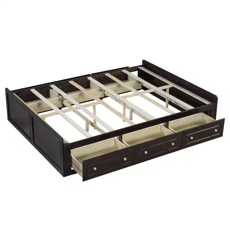 Cadre de lit plateforme grand format avec 6 tiroirs de rangement, lit de rangement en bois massif pour enfants, adolescents et adultes, couleur expresso