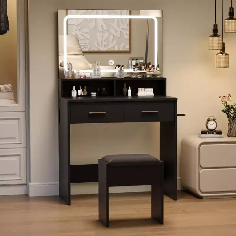 Coiffeuse avec miroir et éclairage, table de maquillage moderne avec 3 modes de couleur, tabouret rembourré, 2 tiroirs, table de toilette moderne