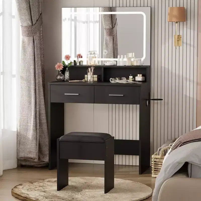 Coiffeuse avec miroir et éclairage, table de maquillage moderne avec 3 modes de couleur, tabouret rembourré, 2 tiroirs, table de toilette moderne