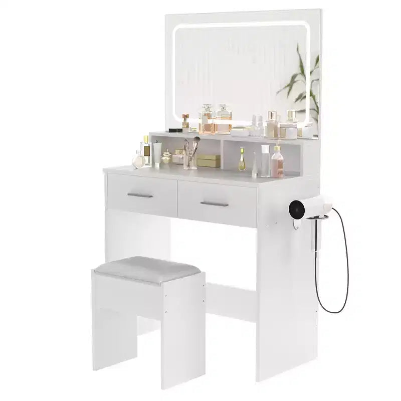 Coiffeuse avec miroir et éclairage, table de maquillage moderne avec 3 modes de couleur, tabouret rembourré, 2 tiroirs, table de toilette moderne