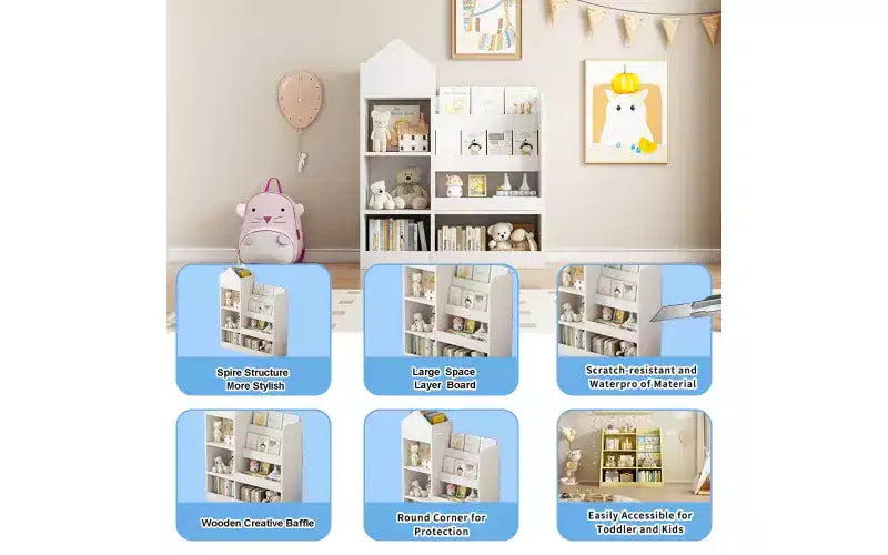 4-stufiges Kinderbücherregal mit Spielzeugaufbewahrung, Bücherregal aus Holz für Kinder, Spielzeugaufbewahrung mit Bücherregal für Spielzimmer, Klassenzimmer, Schlafzimmer und Bibliothek, Weiß