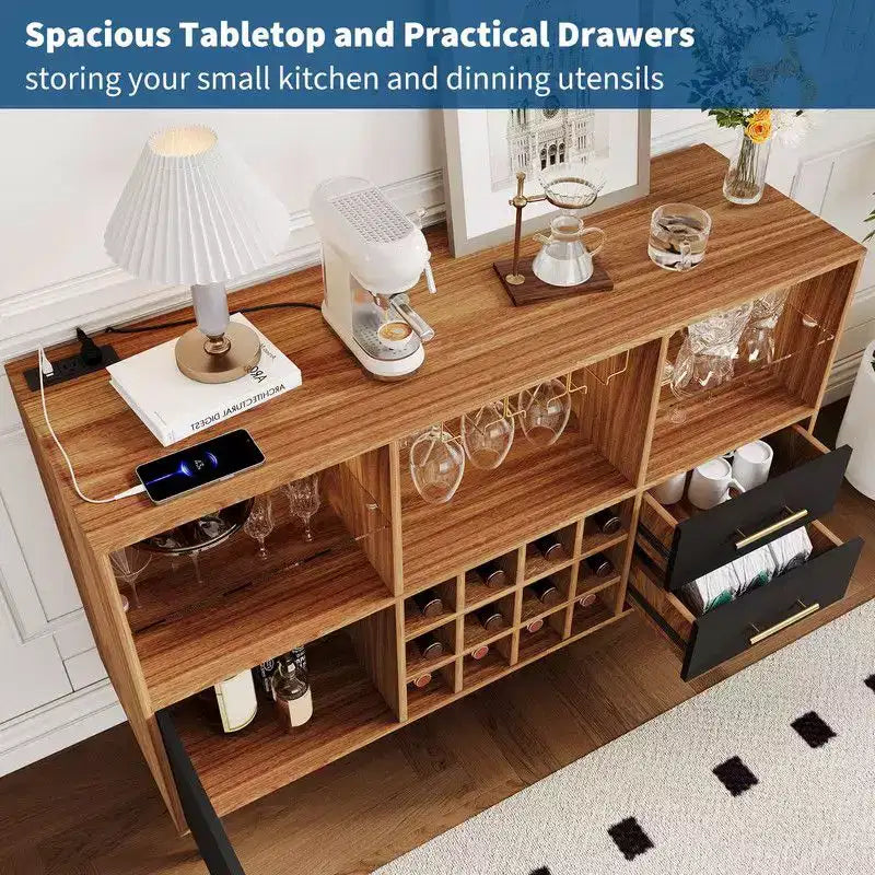 Meuble bar à vin de 47 pouces, meuble de rangement pour boissons alcoolisées et café, buffet avec éclairage LED et station de recharge pour la maison, la cuisine ou la salle à manger