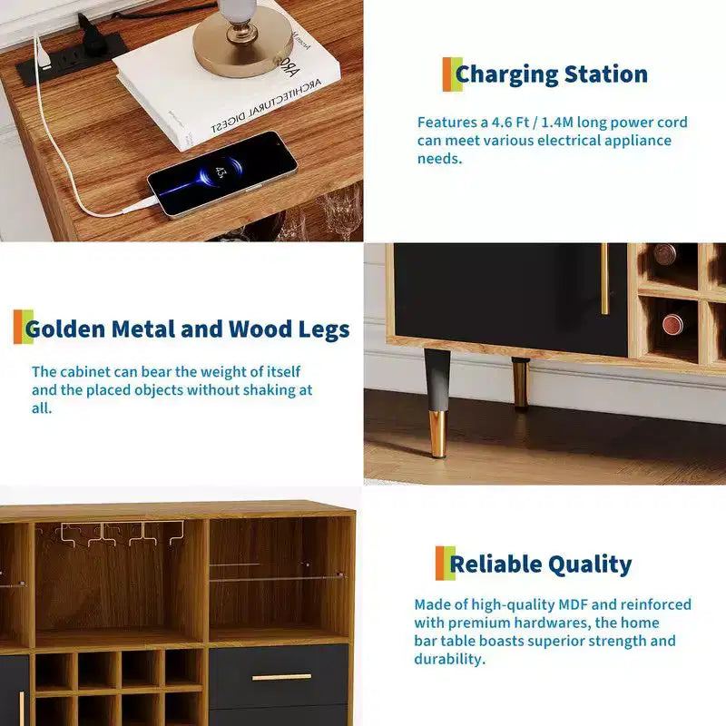 Meuble bar à vin de 47 pouces, meuble de rangement pour boissons alcoolisées et café, buffet avec éclairage LED et station de recharge pour la maison, la cuisine ou la salle à manger
