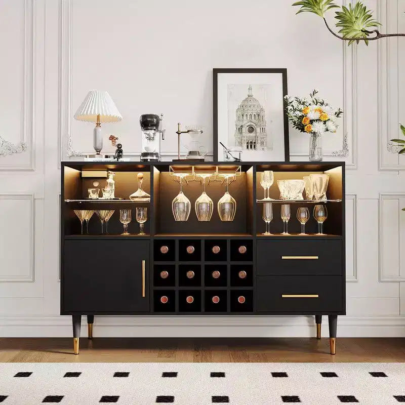 Meuble bar à vin de 47 pouces, meuble de rangement pour boissons alcoolisées et café, buffet avec éclairage LED et station de recharge pour la maison, la cuisine ou la salle à manger