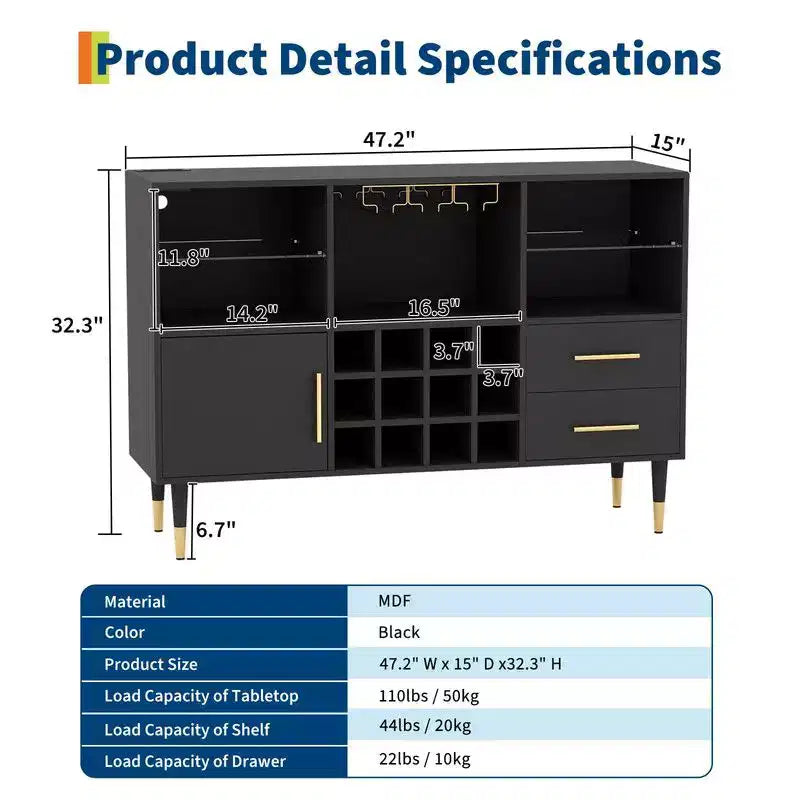 Meuble bar à vin de 47 pouces, meuble de rangement pour boissons alcoolisées et café, buffet avec éclairage LED et station de recharge pour la maison, la cuisine ou la salle à manger