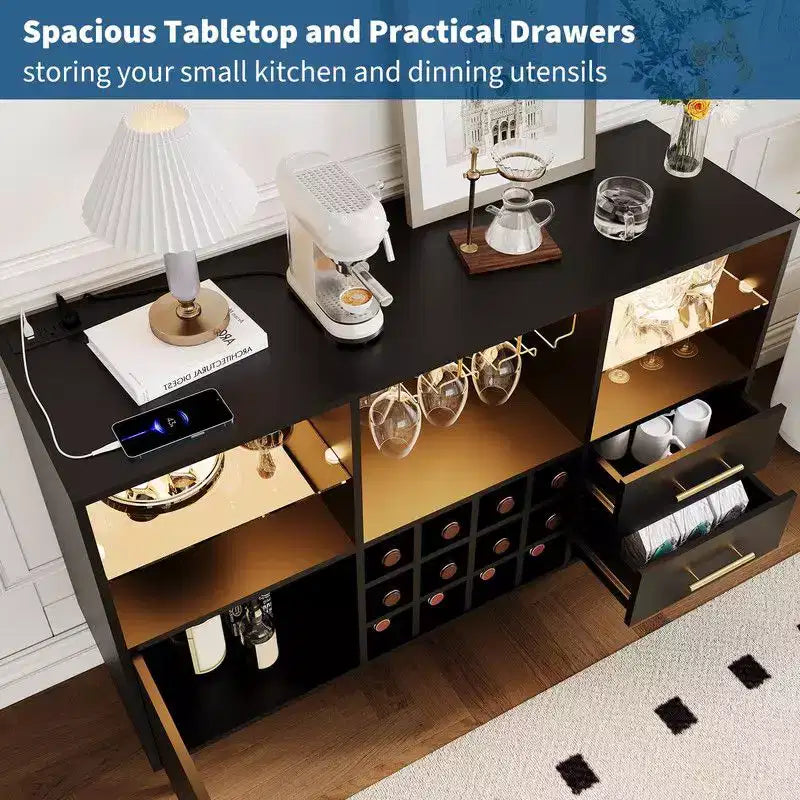 Meuble bar à vin de 47 pouces, meuble de rangement pour boissons alcoolisées et café, buffet avec éclairage LED et station de recharge pour la maison, la cuisine ou la salle à manger