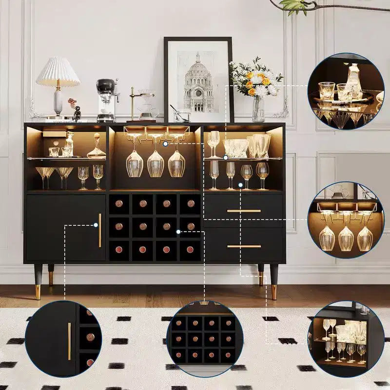 Meuble bar à vin de 47 pouces, meuble de rangement pour boissons alcoolisées et café, buffet avec éclairage LED et station de recharge pour la maison, la cuisine ou la salle à manger