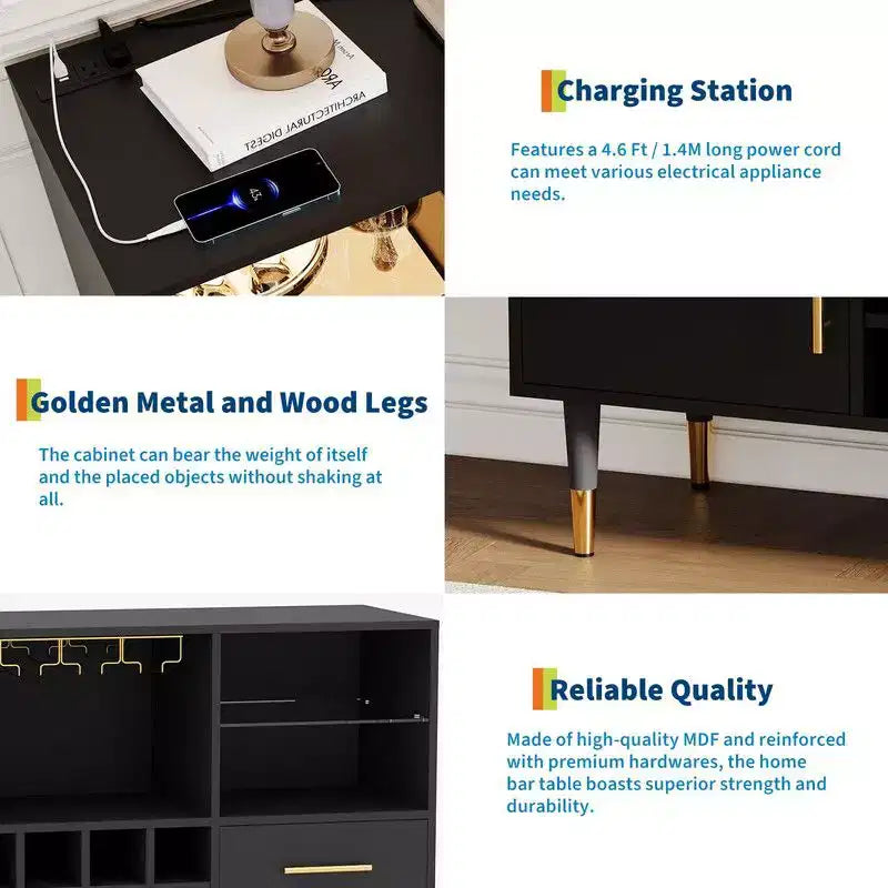 Meuble bar à vin de 47 pouces, meuble de rangement pour boissons alcoolisées et café, buffet avec éclairage LED et station de recharge pour la maison, la cuisine ou la salle à manger