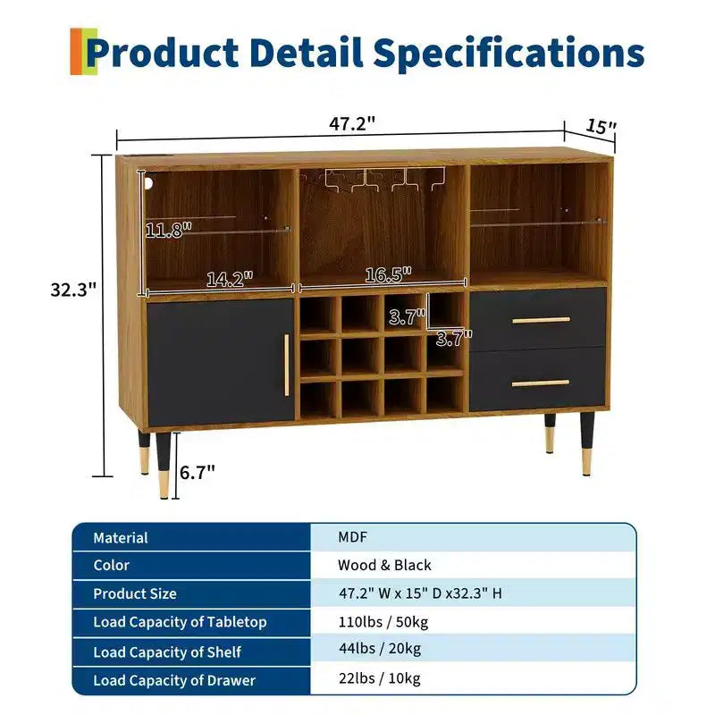 Meuble bar à vin de 47 pouces, meuble de rangement pour boissons alcoolisées et café, buffet avec éclairage LED et station de recharge pour la maison, la cuisine ou la salle à manger