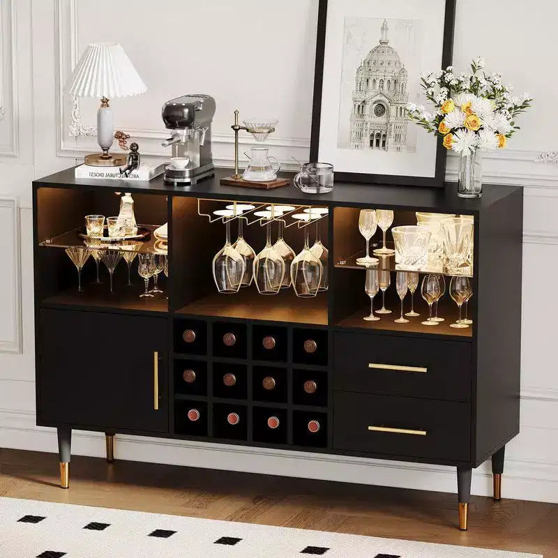 Coolmee 47 inch Wine Bar Cabinet, Liquor Coffee Bar Storage Cabinet Sideboard Buffet with LED Lights Charging Station for Home Kitchen Dining Room