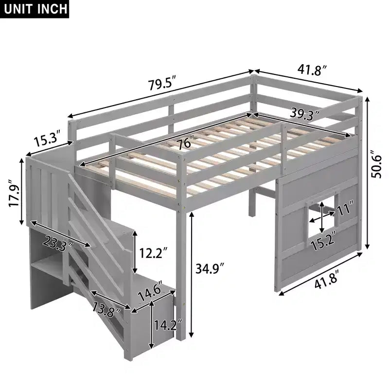 Cama alta baja individual con escalera, cama alta infantil con almacenamiento, estructura de madera maciza para niños y niñas, gris