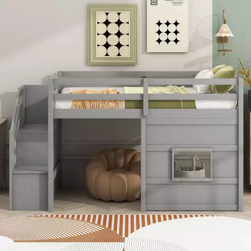Cama alta baja individual con escalera, cama alta infantil con almacenamiento, estructura de madera maciza para niños y niñas, gris