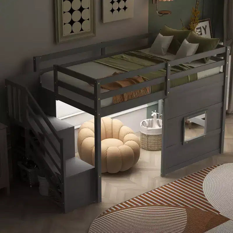 Cama alta baja individual con escalera, cama alta infantil con almacenamiento, estructura de madera maciza para niños y niñas, gris